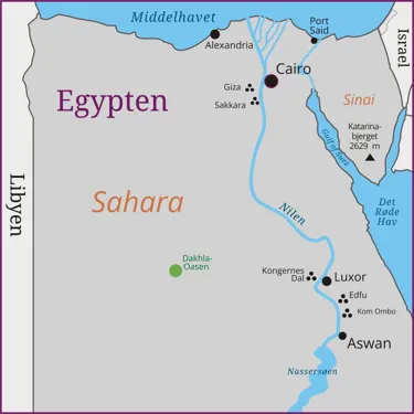 Kort over Egypten, med centrale byer som Cairo og Luxor langs Nilen, som er fremhævet