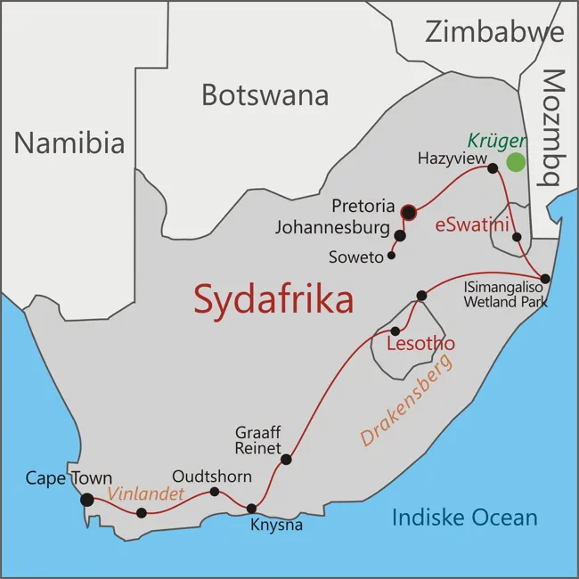 Kort over Sydafrika og vores rute på en rejse til Sydafrika med eSwatini og Lesotho