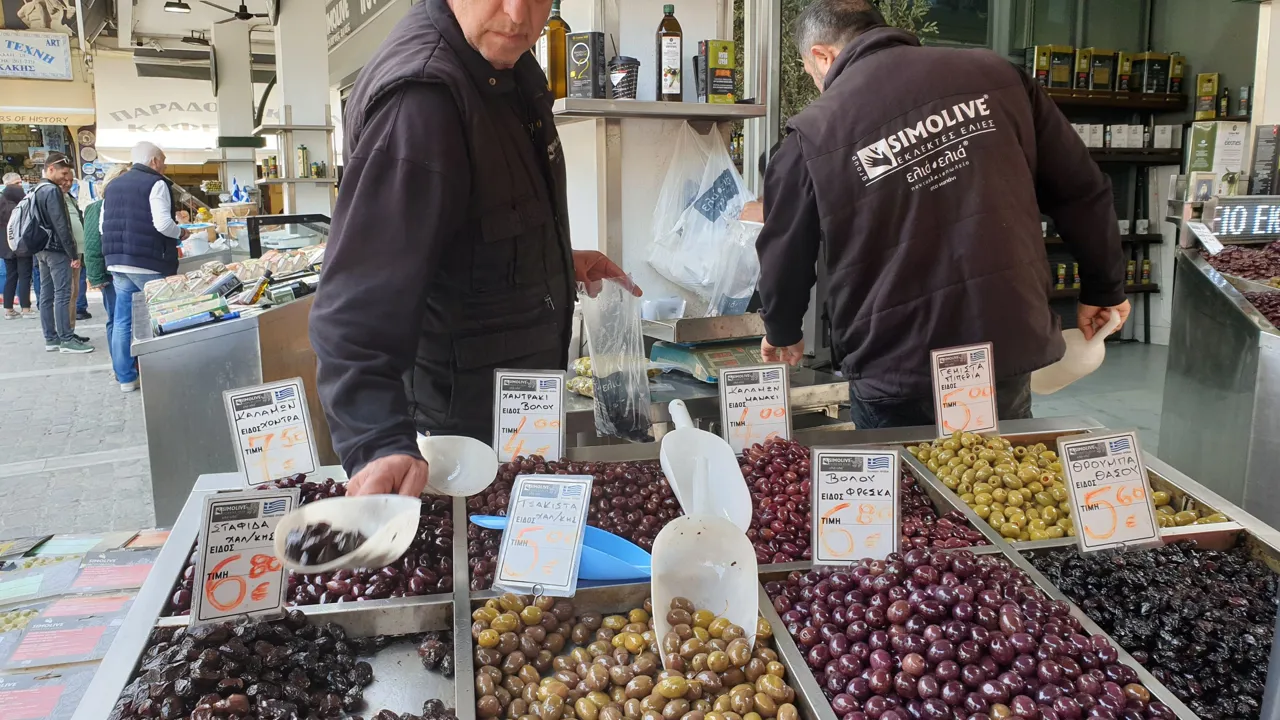 Med over 130 millioner oliventræer i landet, er det svært at undgå olivenen i mad og på markeder. Heldigvis smager de fantastisk. Foto Kirsten Holm