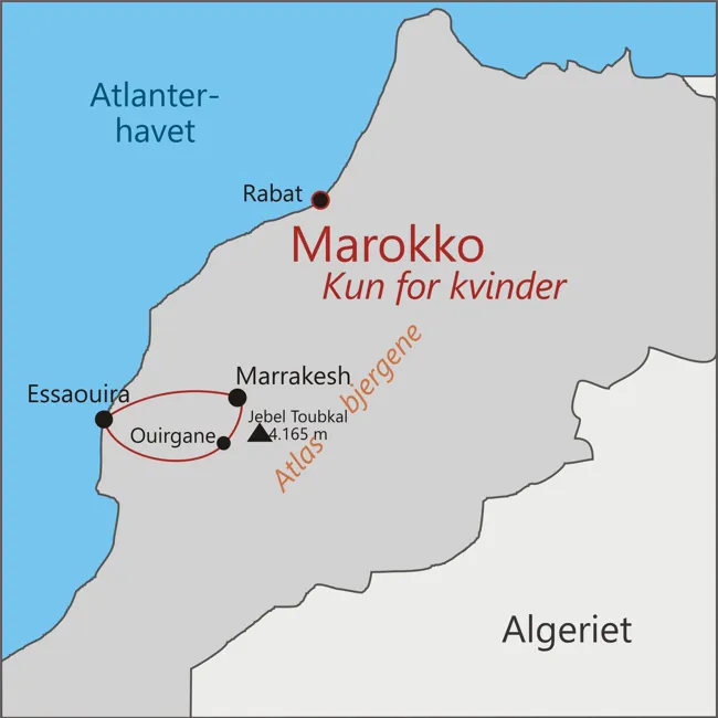 Kort over rejsen Pigetur til Marokko