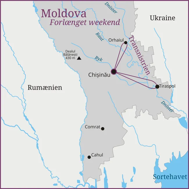 Kort over rejsen til Moldova med Chisinau og Tiraspol