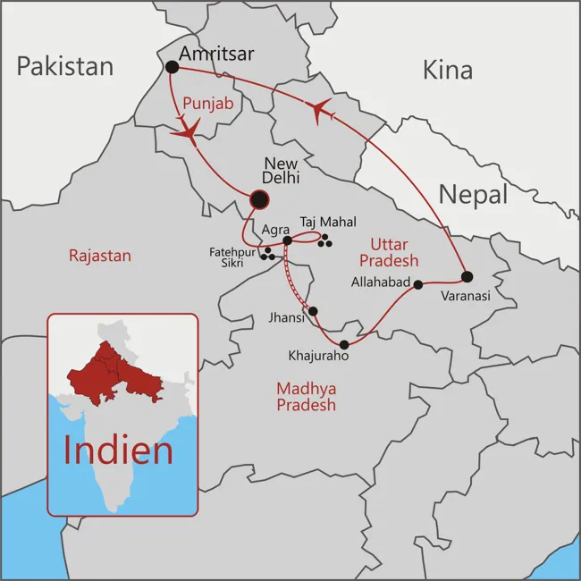 Kort over rejse til Indiens Højdepunkter - Punjab - Rajastan - Agra - Taj Mahal - Varanasi - Amritsar
