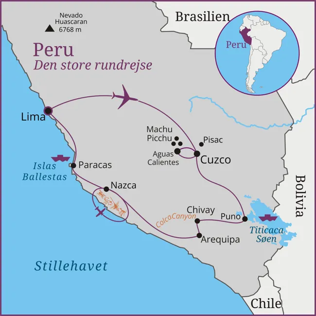 Kort over rejsen til Peru - Lima - Cuzco - Machu Picchu - Puno - Titicaca - Arequipa - Nazca - Ballestas