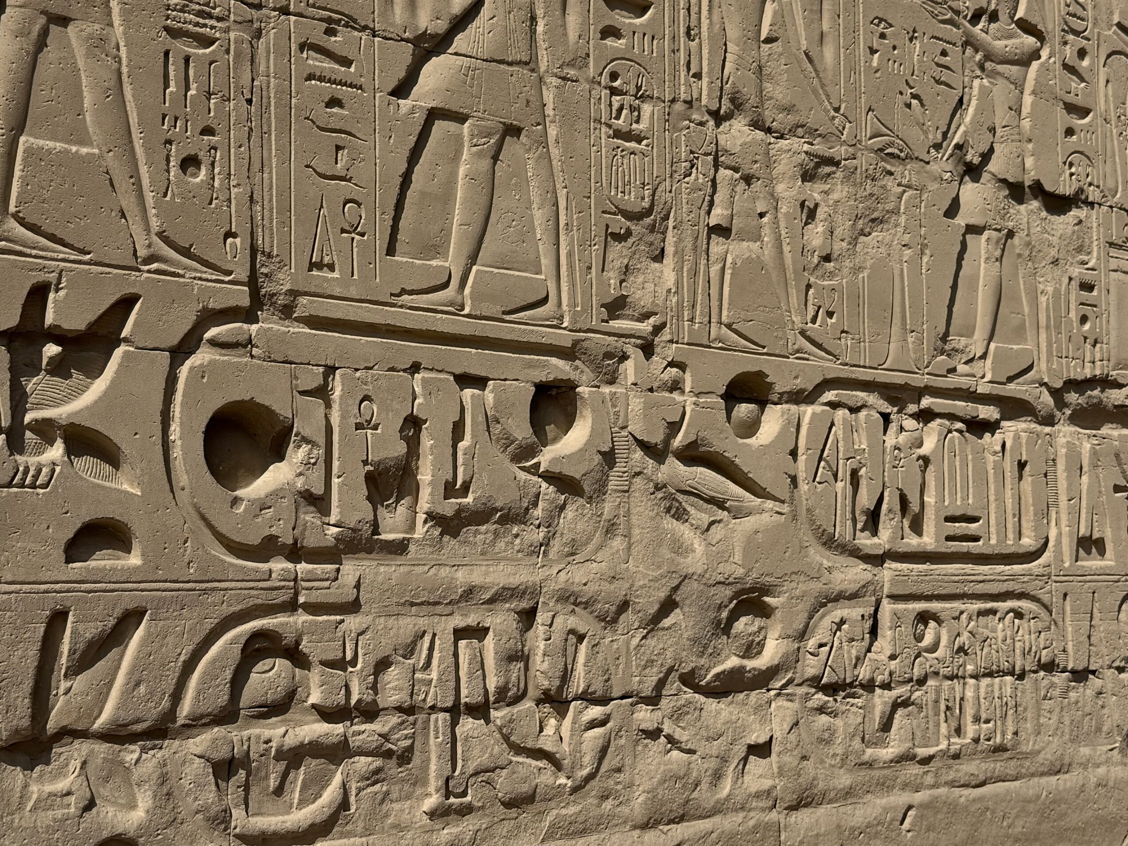 Karnak-templet er dækket af udskårne hieroglyffer og kongelige kartuscher, der fortæller historier om guder og faraoer over mere end 2.000 år. Foto Anja Schmidt