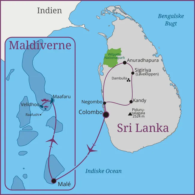 Kort over rejsen til Sri Lanka og Maldiverne