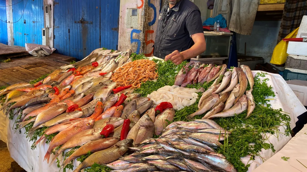 Med Marokkos over 3500 km kystlinje til Atlanterhavet, er der god grund til, at der sælges mange fisk og laves mange fiskeretter. Foto Michael Høeg