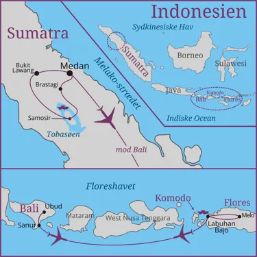 Kort over Indonesien med øerne Sumatra, Bali, Flores og Komodo fremhævet. 