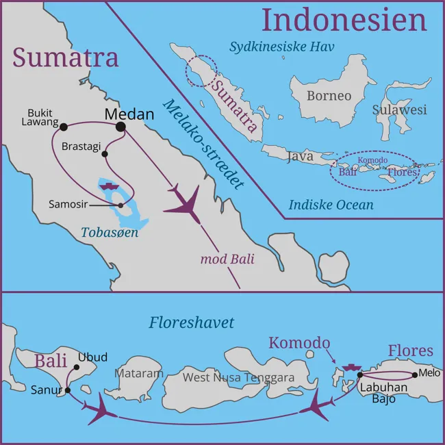 Kort over Indonesien med øerne Sumatra, Bali, Flores og Komodo fremhævet.