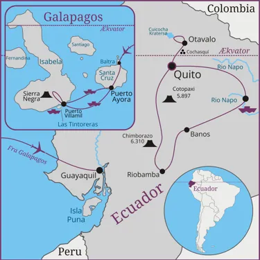 Kort over rejsen til Galapagos, hvor vi b.la.  besøger: Ecuador, Amazonas, Quito, Otavalo, Riobamba og Galapagosøerne
