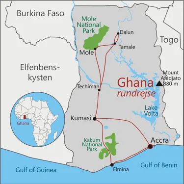 Kort over rejsen Ghana rundrejse