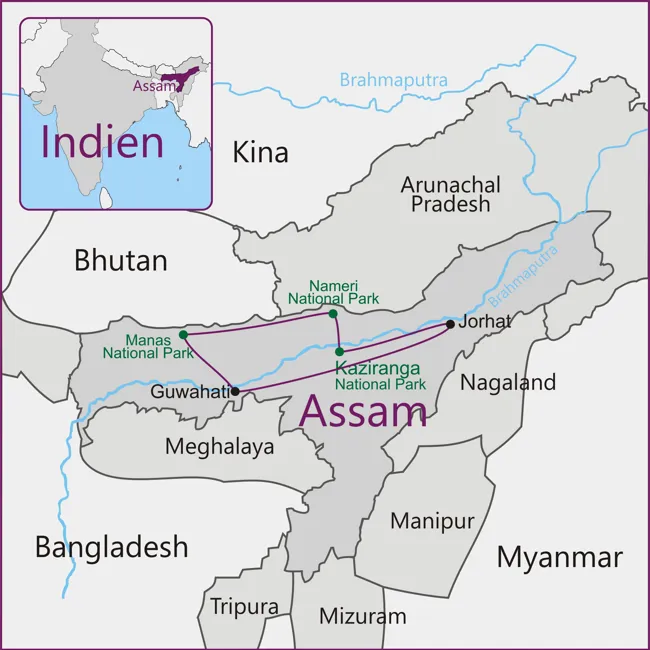Indien - Assam - Guwahati - Manas - Jorhat - Nameri - Kaziranga