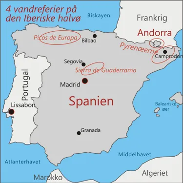 Kort over vandreferier i Spanien - Sierra Nevada - Pyrenæerne - Segovia - Picos de Europa